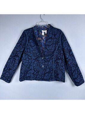 Coldwater Creek Reversible jacquard Jacket Front Button Womens P14 Navy Blue